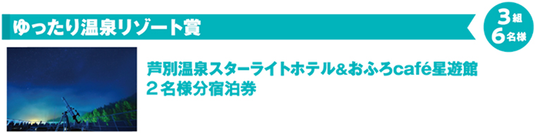 ゆったり温泉リゾート賞　芦別温泉スターライトホテル＆おふろcafé星遊館　2名様分宿泊券　3組6名様のイメージ画像