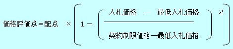 価格評価点の算出式：価格評価点＝配点×（1−（（入札価格−最低入札価格）／（契約制限価格−最低入札価格））2乗）のイメージ画像