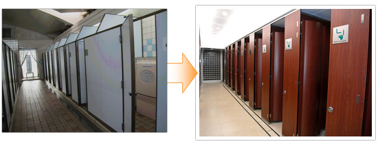 トイレブースのリフレッシュ工事前と工事後のイメージ画像