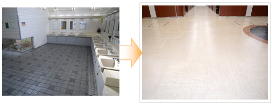 トイレ床面のリフレッシュ工事前と工事後のイメージ画像