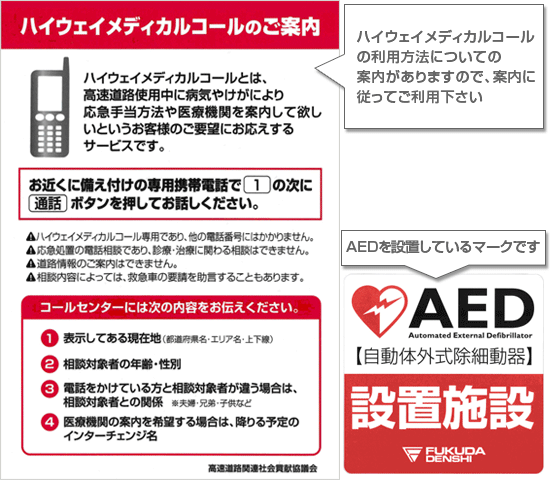 ハイウェイメディカルコールのご案内とAEDのイメージ画像
