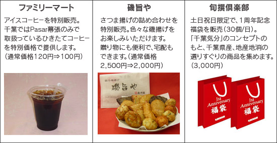 FamilyMart：特價銷售冰咖啡。在千葉，我們提供只有Pasar Makuhari有特價的新鮮咖啡。 （通常價格120日元⇒100日元）磯屋：特賣的各種薩摩油炸食品。您可以享用各種炸雞。作為禮物也很方便，可以送到家裡。 （通常價格2500日元⇒2,000日元）Shunso Club：僅在周末和節假日出售的一周年紀念幸運袋（每天30件）。基於“千葉感覺”的概念，我們收集了千葉縣和當地生產的精選產品供當地消費。 （¥3,000）的圖片