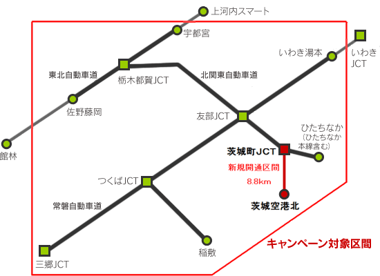 Campaign target area Tohoku Expressway: Sano Fujioka-Utsunomiya, Kita-Kanto Expressway: Tochigi Tsuga JCT-Hitachinaka (including Hitachinaka Main Line), Joban Expressway: Misato JCT-Iwaki Yumoto