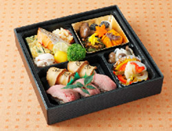 Image image of "eastern hometown bento" roast beef sushi and autumn colors