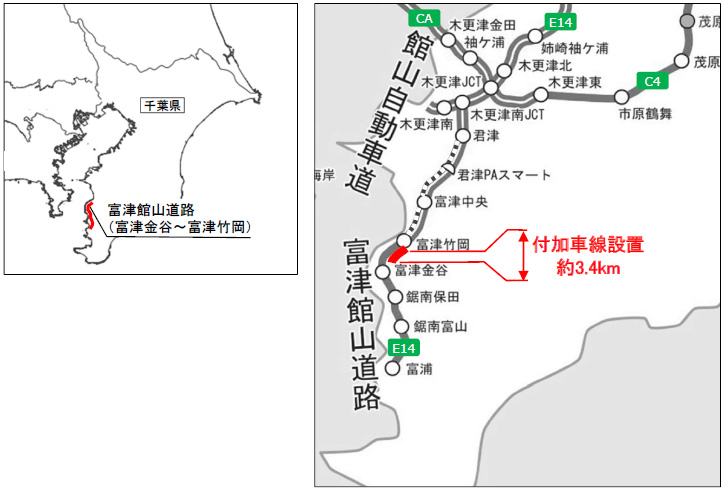E14富津館山道路（富津金谷IC～富津竹岡IC）の付加車線についてのイメージ画像