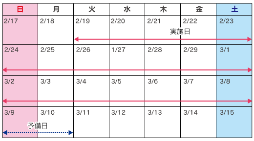 平成20年2月19日(火)~3月8日(土)、順延時の予備日:3月9日(日)~3月10日(月)のイメージ画像