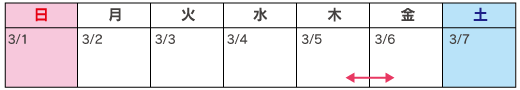 カレンダー：3月5日（木）20時～翌朝6時（1夜間）のイメージ画像