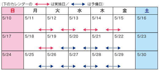 日曆：5月11日（星期一）至5月18日（星期一）從20:00至第二天早上6:00（第5晚）星期一至星期四的圖像