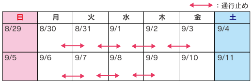 カレンダー：8月30日（月）～9月2日（木）、9月6日（月）～9月8日（水）20時～翌朝6時 （7夜間）のイメージ画像