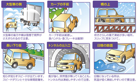 大型車の側 カーブの手前 橋の上 長い下り坂 トンネルの出入口 日陰の路面のイメージ画像