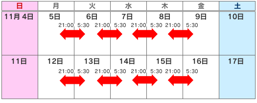 カレンダー:11月5日~11月9日の毎夜21時から翌朝5時30分、11月12日~11月16日の毎夜21時から翌朝5時30分のイメージ画像