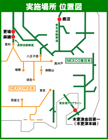 位置図:東北道 鹿沼料金所、長野道 麻績料金所・更埴料金所、東京湾アクアライン 木更津金田第一(木更津本線)料金所のイメージ画像