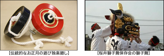 伝統的なお正月の遊び独楽廻し、桜井獅子舞保存会の獅子舞のイメージ画像