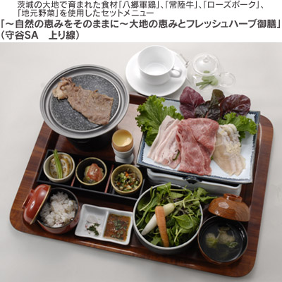 茨城の大地で育まれた食材「八郷軍鶏」、「常陸牛」、「ローズポーク」、「地元野菜」を使用したセットメニュー「～自然の恵みをそのままに～大地の恵みとフレッシュハーブ御膳」（守谷SA上り線）のイメージ画像