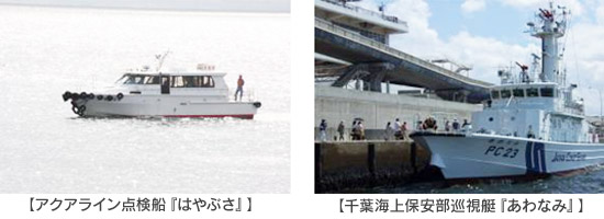Photograph of the aqualine inspection ship "Hayabusa" and the Chiba Coast Guard patrol boat "Awanami"
