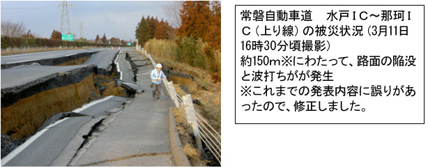 สภาพเสียหายของทางด่วน Joban Mito IC-Naka IC (ขึ้นบรรทัด) (ถ่ายเมื่อ 16:30 น. วันที่ 11 มีนาคม) ประมาณ 1.5 กม. คุณสามารถเห็นการยุบตัวและหยักของพื้นผิวถนน