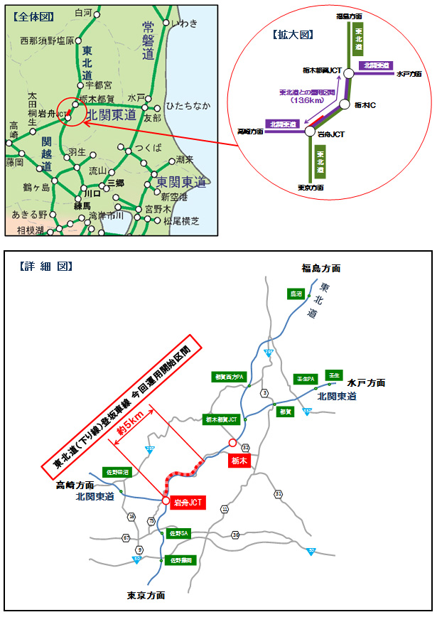 図-1 東北自動車道 下り線 岩舟JCT～栃木IC間 登坂車線運用箇所位置図のイメージ画像