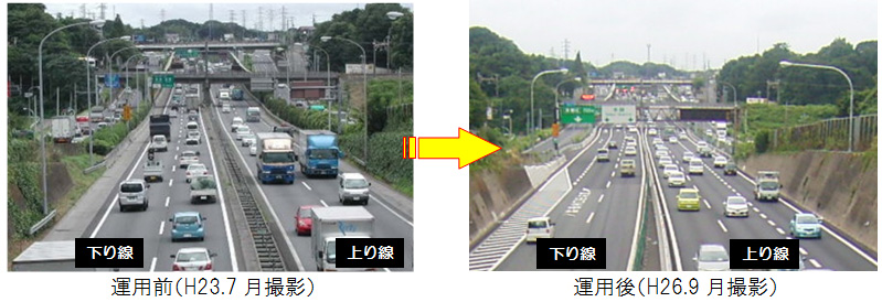 운용 된 부가 차선 구간 (상행선 : 穴川 동쪽 IC ~ 패총 IC)의 비교 사진의 이미지