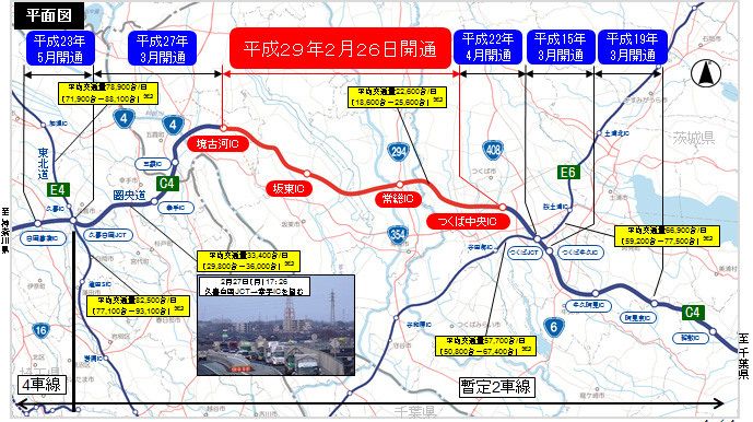 [筑波JCT之間的交通狀況開通後，Kuki Shiokoka JCT的圏央道圖像打開]