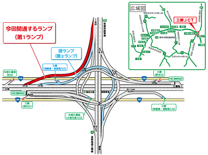 【C3】東京外環自動車道（外回り）三郷JCTから【E6】常磐自動車道方面への専用ランプ※（第1ランプ）が平成30年4月11日（水）22時に開通します