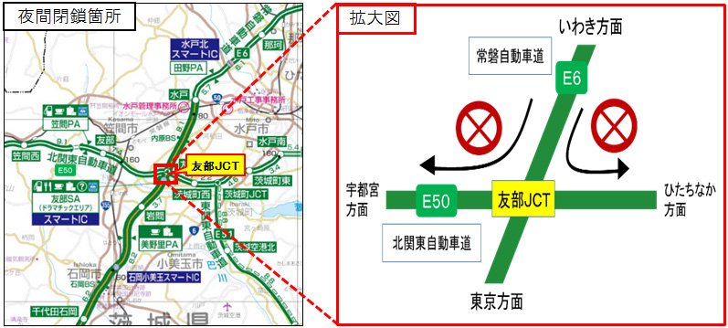 閉鎖箇所：常磐道上り線から北関東道へ流入する友部JCTの各ランプのイメージ画像