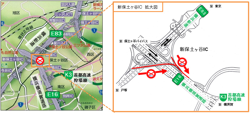 閉鎖箇所　横浜新道（上下線）から横浜横須賀道路・首都高速狩場線方面へ流入する各ランプのイメージ画像