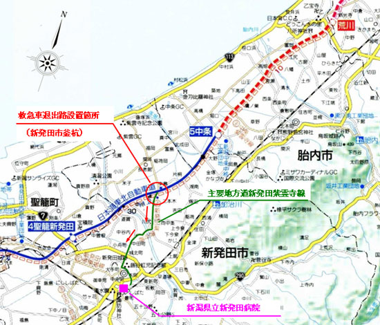 แผนที่ที่ตั้ง: ตำแหน่งทางออกของรถพยาบาล (Kamakashi, Shibata City), ภาพของสาย Shibata Shiunji, ถนนสายหลักในท้องถิ่น, โรงพยาบาล Shibata เขตการปกครองนิอิกาตะ