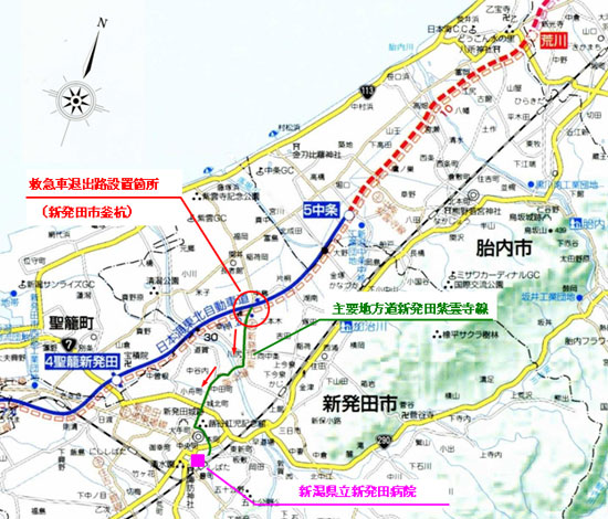 แผนที่ที่ตั้ง: ตำแหน่งทางออกของรถพยาบาล (Kamakashi, Shibata City), ภาพของสาย Shibata Shiunji, ถนนสายหลักในท้องถิ่น, โรงพยาบาล Shibata เขตการปกครองนิอิกาตะ
