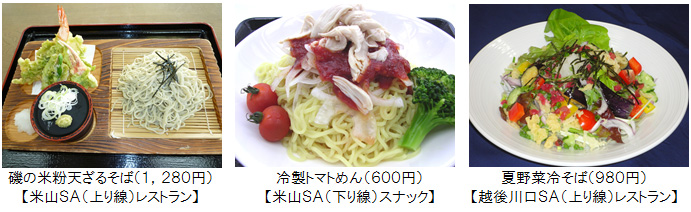 磯の米粉天ざるそば(1,280円)、冷製トマトめん(600円)、夏野菜冷そば(980円)の写真