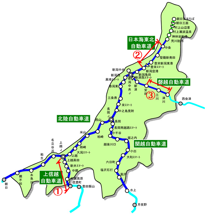 新潟県内の高速道路通行止め位置図のイメージ画像