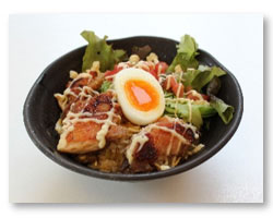 Image image of fried rice with chicken roasted in Loco Moco style