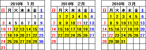 平成22年1月12日（火）～年3月31日（水） までの月曜日から金曜日の連続する最大2日間（祝日及び2月12日を除く）のイメージ画像