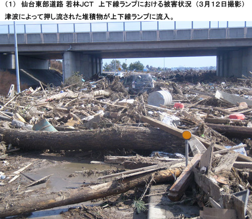 (1) Damage situation on the ramp of Wakabayashi JCT up and down line on the Sendai-Tobu Road (taken on March 12). Image of deposits swept away by the tsunami flowing up and down the ramp