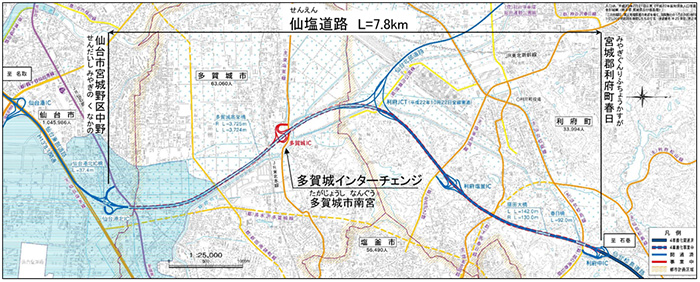Reconstruction Road ถนนเลียบชายฝั่ง Sanriku“ Senen Road 4 Lanes” และ“ Tagajo Interchange” Location Map Image Image