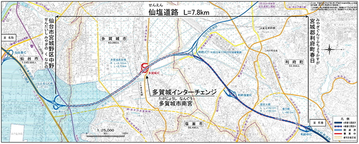 重建路三陆沿岸道路“仙塩道路4条车道”和“ Tagajo立交处”位置图图像