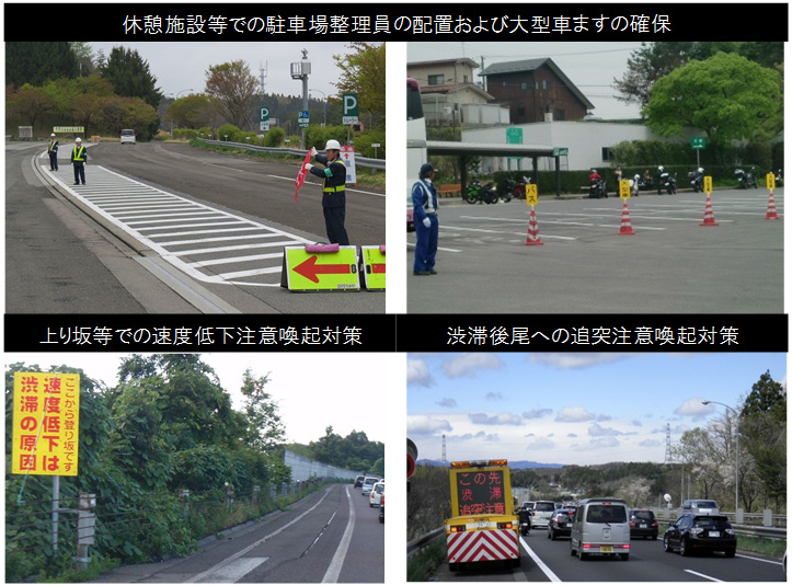 休憩施設等での駐車場整理員の配置および大型車ますの確保　上り坂等での速度低下注意喚起対策　渋滞後尾への追突注意喚起対策のイメージ画像