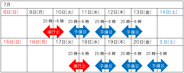 工事期間カレンダー（7月）のイメージ画像