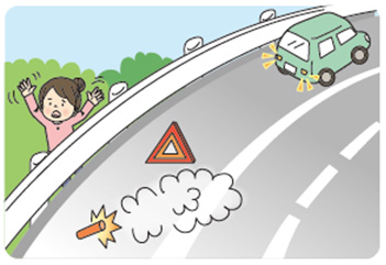 高速道路における緊急時には、「後続車に合図」「安全な場所へ避難」「避難してから通報」を確実に行いましょう！のイメージ画像