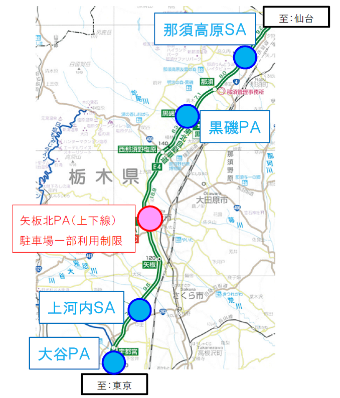 E4 東北自動車道 矢板北パーキングエリア 上下線 駐車場一部利用制限のお知らせ Nexco東日本